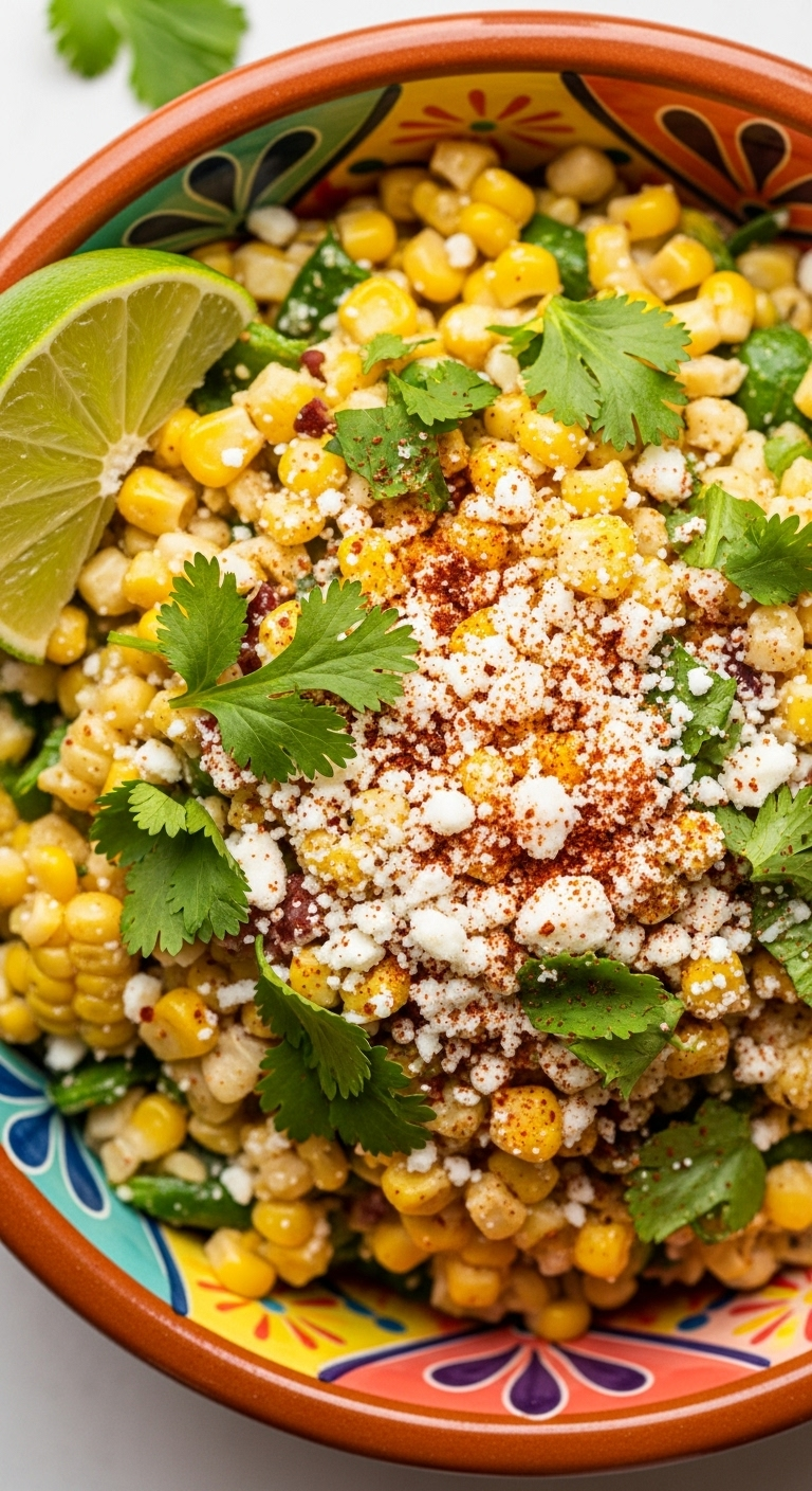 Close-up overhead shot of zesty Mexican street corn pasta salad with corn, cotija cheese, chili powder, and cilantro in a colorful terracotta bowl with a lime wedge, captured in bright festive lighting.