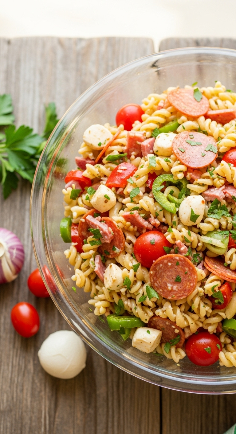 Bright and vibrant Italian pasta salad with tomatoes, pepperoni, mozzarella, and parsley in a clear glass bowl, glistening with dressing, on a rustic wooden table with sunny picnic lighting.