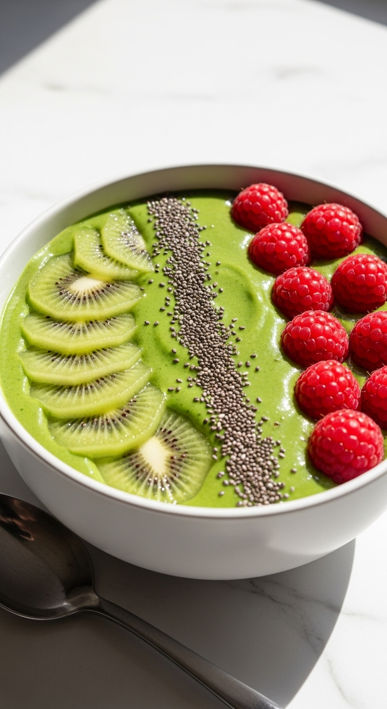 Green Goddess Smoothie Bowl with sliced kiwi, fresh raspberries, and chia seeds, served in a matte white ceramic bowl on a marble countertop, captured in a fresh, energetic setting for a clean eating blog post.