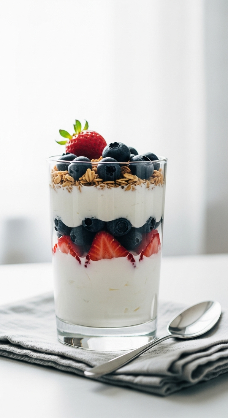 Berry & Yogurt Parfait with layers of Greek yogurt, blueberries, strawberries, and granola, served in a clear glass on a linen napkin, captured in a serene, minimalist setting for a clean eating blog post.
