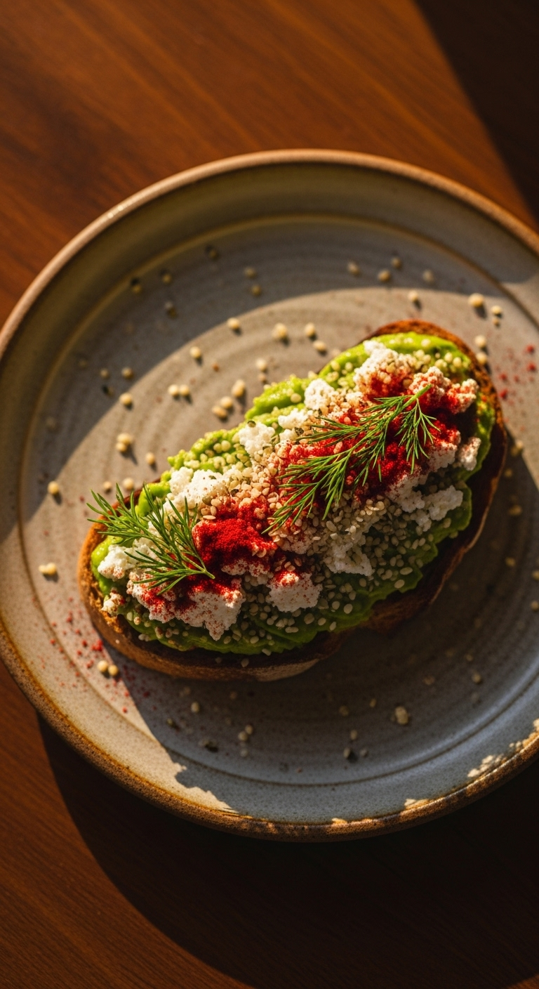 Avocado & Beetroot Toast with crumbled feta, hemp seeds, paprika, and fresh dill, served on a rustic ceramic plate with warm golden hour lighting, perfect for a clean eating blog post.