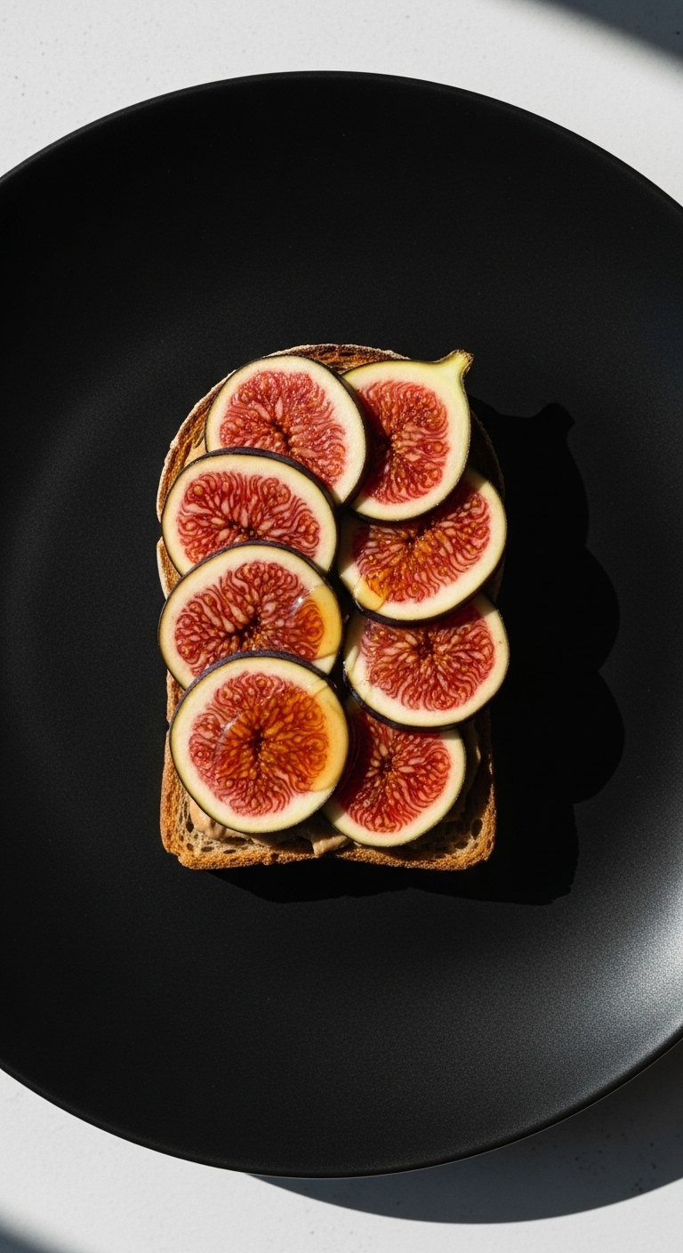 Fig & Almond Butter Toast with perfectly fanned fig slices, a drop of honey, and minimalist styling on a matte black plate, captured in an elegant, sophisticated setting for a clean eating blog post.