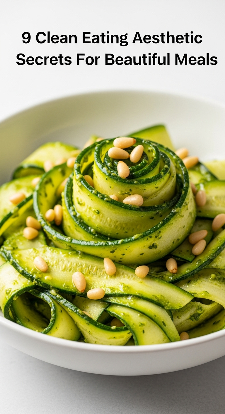 Zucchini Ribbon Pasta with glossy pesto sauce and toasted pine nuts, elegantly twirled in a white pasta bowl, captured in a fresh, clean setting for a clean eating blog post.