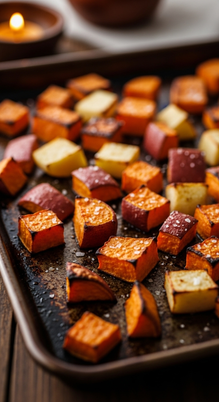 Roasted sweet potato and apple cubes with caramelized edges and a sprinkle of sea salt, captured in a warm, cozy autumnal setting for a clean eating blog post.