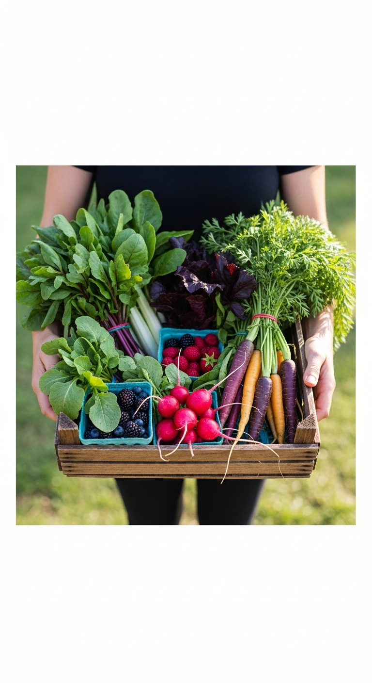A rustic wooden crate filled with vibrant, locally-sourced produce like leafy greens, carrots, radishes, and berries, captured in bright, outdoor morning light for a clean eating blog post.