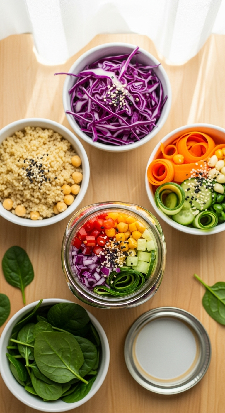 Deconstructed Rainbow Buddha Jar with quinoa, chickpeas, shredded purple cabbage, carrot ribbons, cucumber, and spinach, artfully arranged in separate bowls, captured in soft morning light for a clean eating blog post.