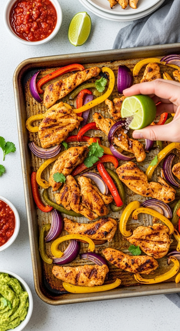 Photorealistic image of a metal sheet pan filled with sizzling chicken fajitas, vibrant bell peppers, onions, and a hand squeezing lime, with salsa and guacamole on the side, set in bright, natural lighting. Perfect for a family-friendly dinner blog post.