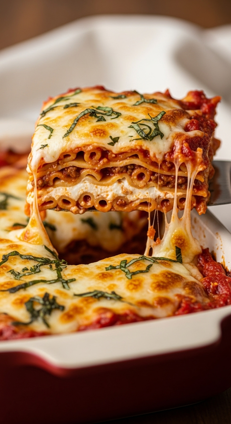 Photorealistic image of a golden, cheesy slice of Million Dollar Baked Ziti being lifted from a ceramic dish, showcasing layers of pasta, creamy filling, and marinara sauce, with fresh basil, set in warm, decadent lighting. Perfect for a family-friendly dinner blog post.