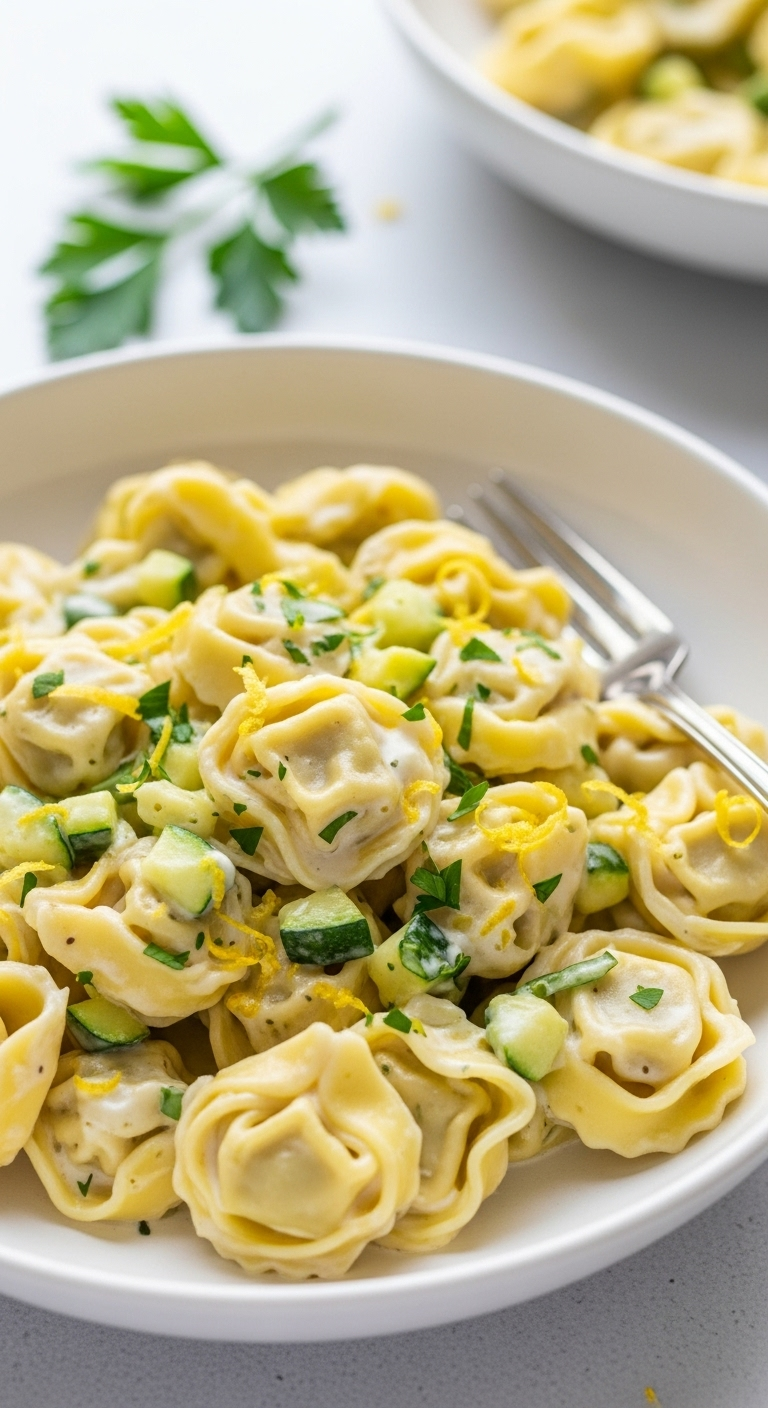 Photorealistic image of creamy lemon tortellini with zucchini in a shallow bowl, showcasing the texture of the sauce, vibrant green zucchini, and lemon zest, with soft natural daylight. Perfect for a family-friendly dinner blog post.