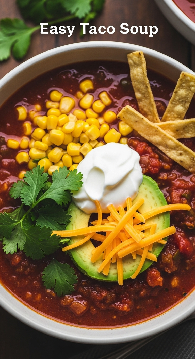 Photorealistic image of a hearty bowl of taco soup with sour cream, shredded cheddar cheese, cilantro, and tortilla strips, set in warm, rustic lighting with vibrant toppings. Perfect for a family-friendly dinner blog post.