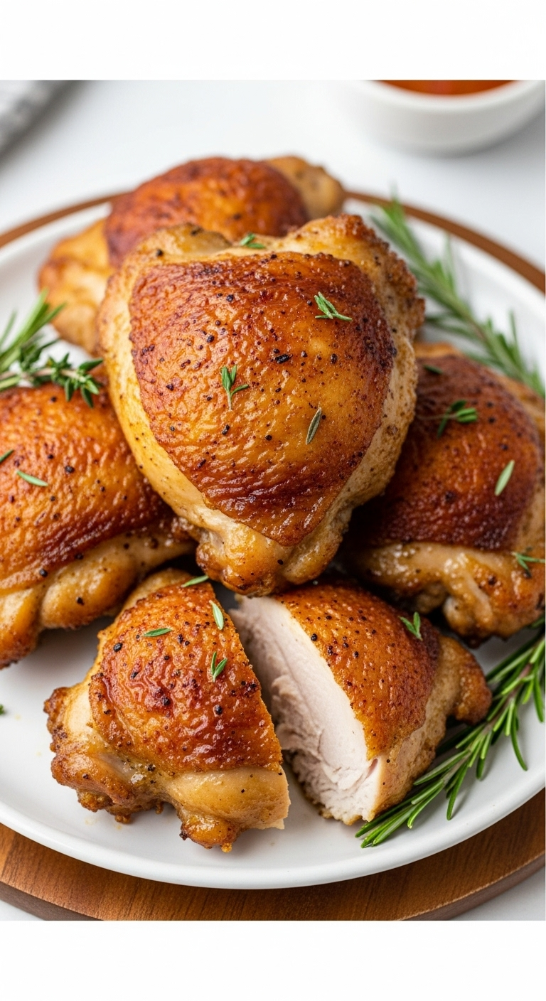 Photorealistic image of perfectly crispy, golden-brown air fryer chicken thighs on a white plate, with one thigh cut open to reveal juicy meat, garnished with rosemary or thyme. Set in clean, bright lighting. Perfect for a family-friendly dinner blog post.