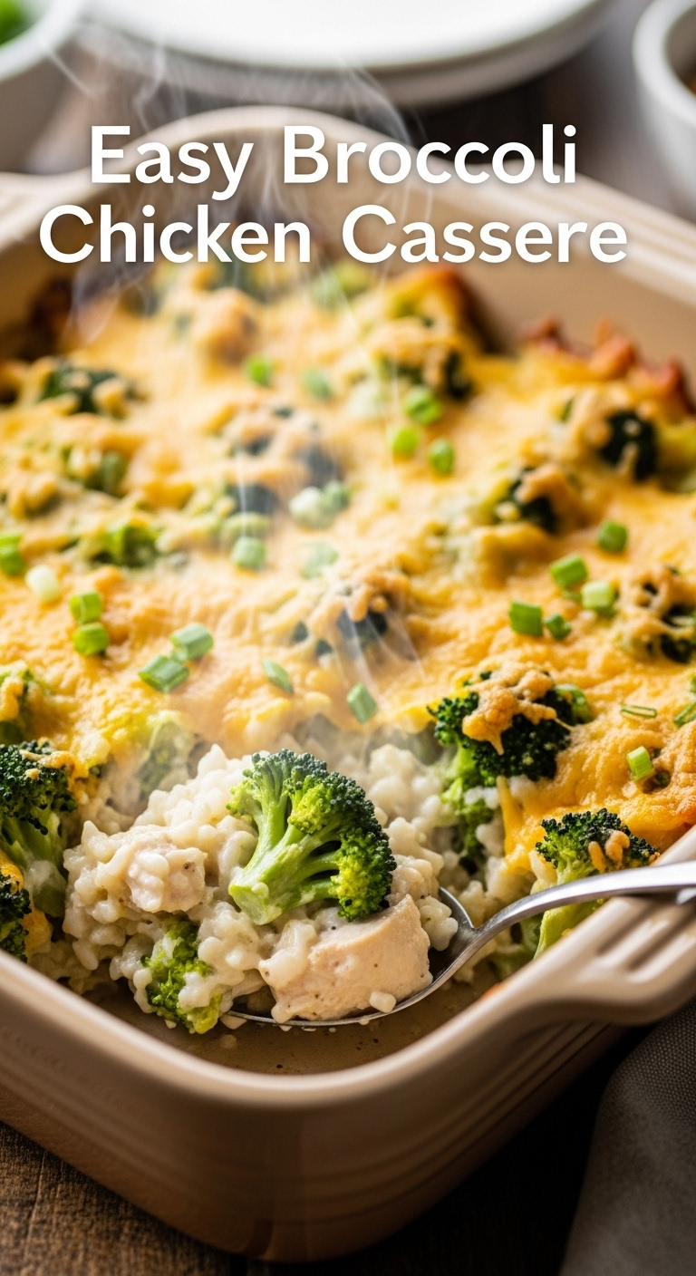 Photorealistic image of a rustic ceramic baking dish filled with creamy broccoli chicken casserole, showcasing the golden-brown crust, with a serving spoon revealing the steamy interior, set in warm, inviting lighting. Perfect for a family-friendly dinner blog post.