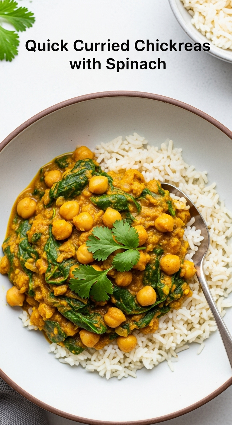 Photorealistic image of a deep bowl filled with quick curried chickpeas with spinach over fluffy basmati rice, garnished with fresh cilantro, set in bright, vibrant lighting. Perfect for a family-friendly dinner blog post.