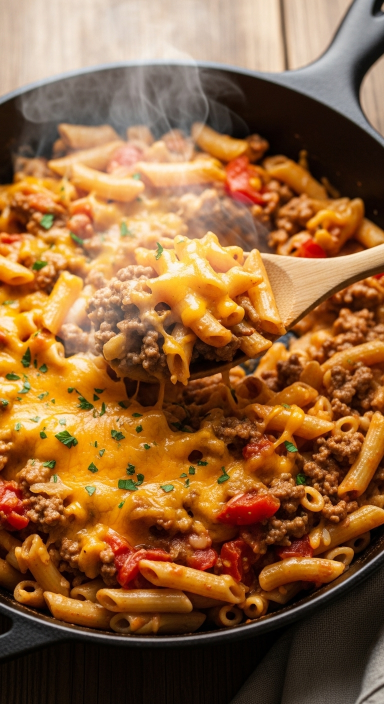 Photorealistic image of a cast-iron skillet with creamy cheeseburger pasta, topped with melted cheddar cheese, fresh parsley, and a wooden spoon, set on a rustic wooden table with warm, cozy lighting. Perfect for a family-friendly dinner blog post.