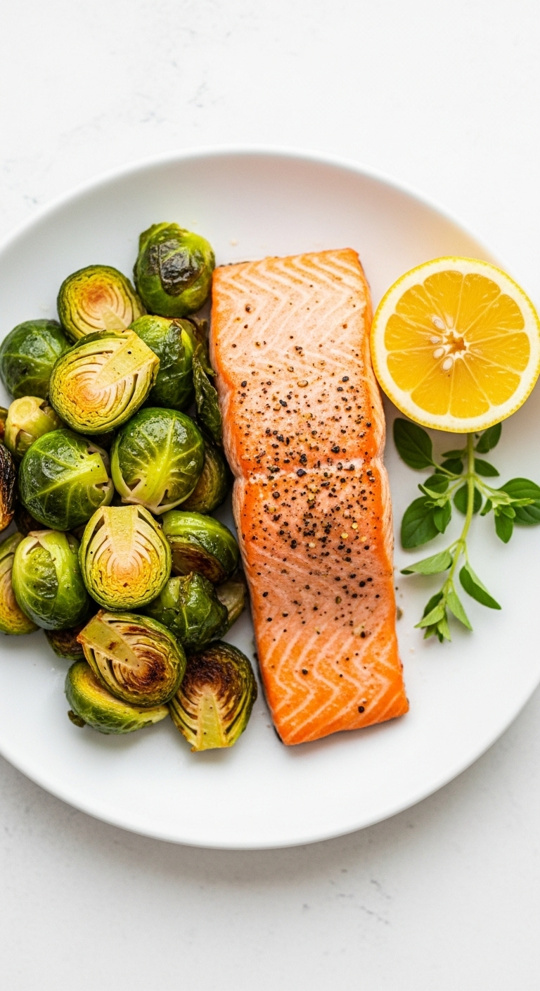Garlic roasted salmon with crispy skin, served with roasted Brussels sprouts, fresh oregano, and a lemon wedge, vibrant and sophisticated, perfect for an effortless Mediterranean diet meal.