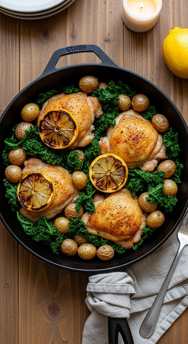 Skillet lemon chicken with crispy potatoes and wilted kale, topped with charred lemon slices, warm and rustic, perfect for an effortless Mediterranean diet meal.