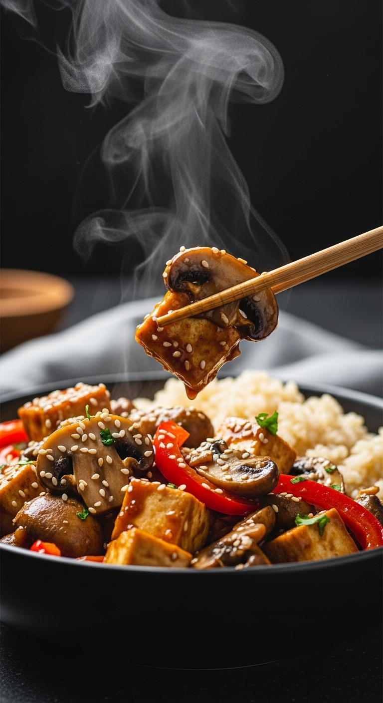 Mushroom and tofu stir-fry with brown rice, lifted with chopsticks, glossy sauce, vibrant red bell peppers, and sesame seeds, dynamic and savory, perfect for an effortless Mediterranean diet meal.