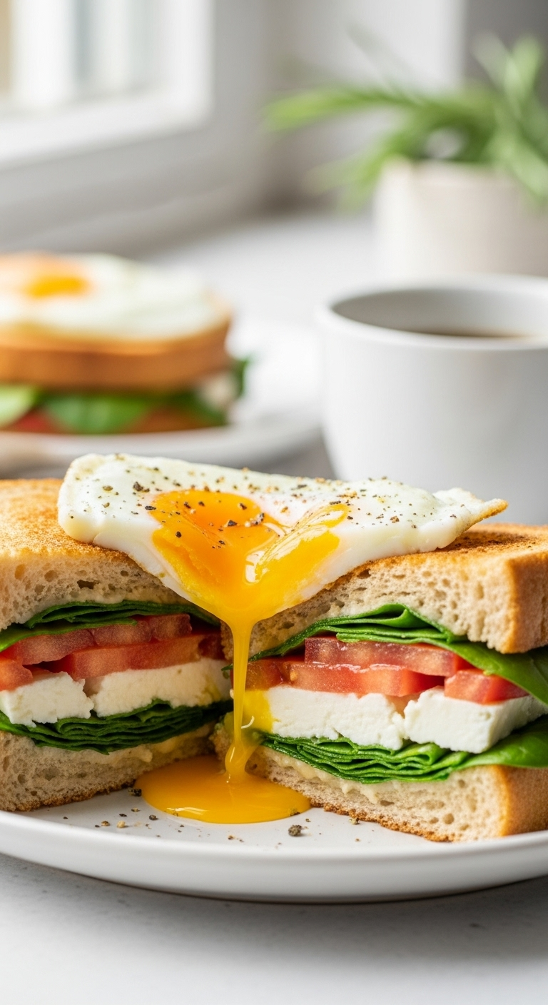 Egg sandwich with rosemary, tomato, feta, and spinach, featuring a runny yolk, bright and fresh, perfect for a Mediterranean diet breakfast.