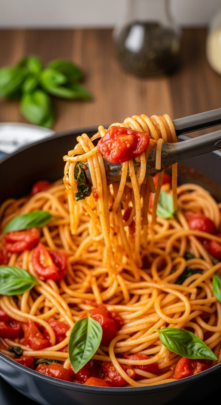One-pot tomato basil pasta with glossy sauce, chunks of tomato and basil, and a swirl of spaghetti, warm and comforting, perfect for an effortless Mediterranean diet meal.