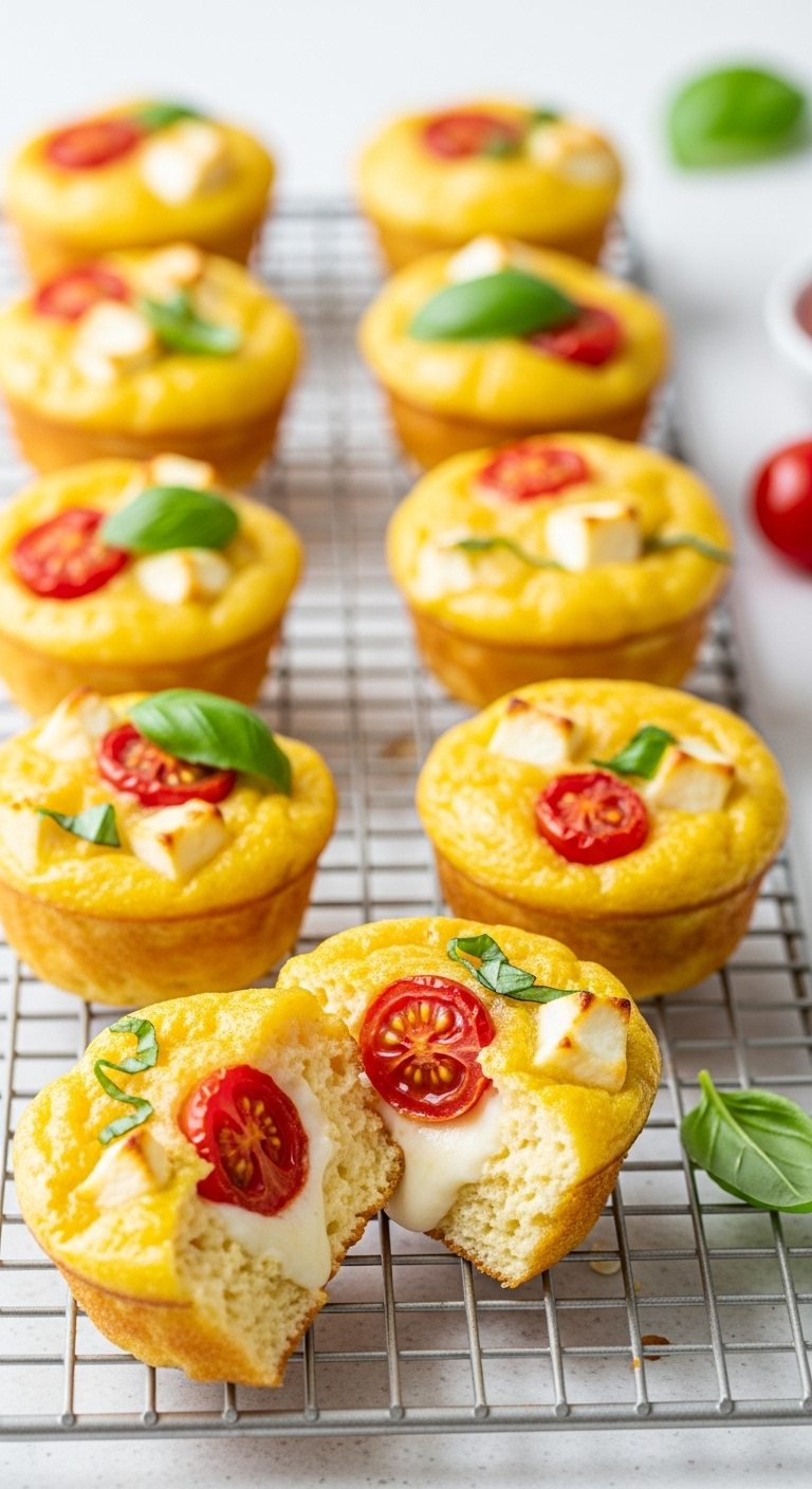 Baked feta and cherry tomato egg muffins with a fluffy interior, golden-brown exterior, and fresh basil garnish, perfect for a Mediterranean diet breakfast.