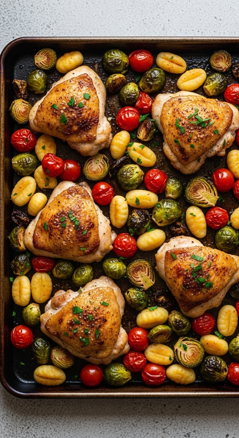 Sheet-pan roasted chicken thighs with Brussels sprouts, cherry tomatoes, and golden-brown gnocchi, topped with fresh parsley, earthy and appetizing, perfect for an effortless Mediterranean diet meal.