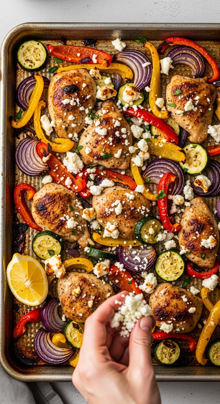 Sheet pan Greek chicken with roasted vegetables like peppers, zucchini, and onions, topped with crumbled feta and fresh lemon, captured in warm golden-hour lighting for a rustic Mediterranean dish.