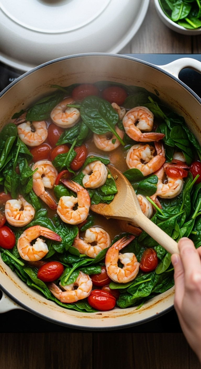 One-pot garlicky shrimp and spinach with burst cherry tomatoes in a rustic Dutch oven, gently stirred with a wooden spoon, emanating warmth and freshness in soft, cozy lighting.