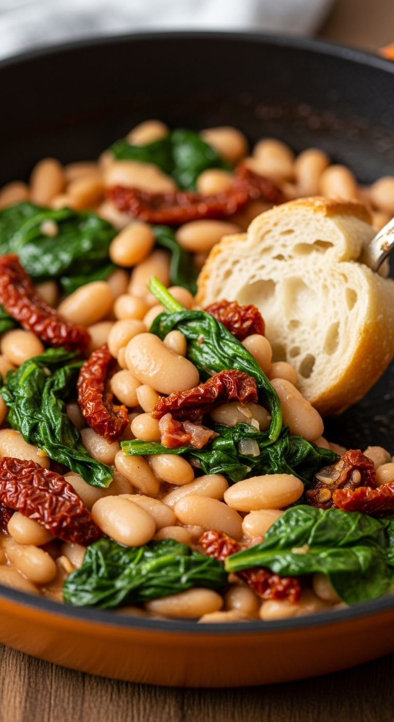 Creamy white bean and spinach skillet with sun-dried tomatoes, served in an earthy-toned skillet, with a piece of crusty bread dipped into the dish, captured in warm, rustic lighting.