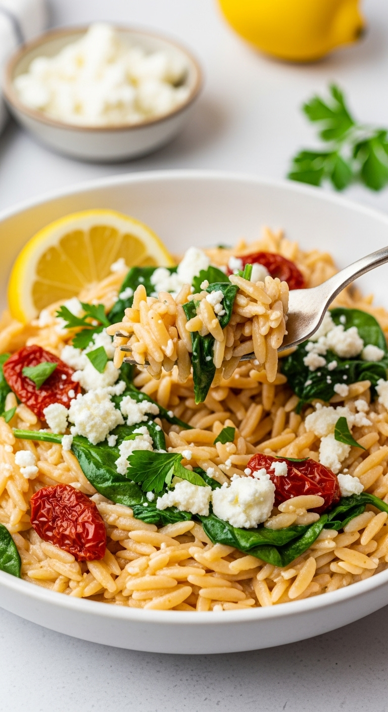 One-pot sun-dried tomato and feta orzo with wilted spinach, crumbled feta, fresh parsley, and a lemon wedge, captured in a modern, bright setting with a fork lifting a bite of tender pasta.