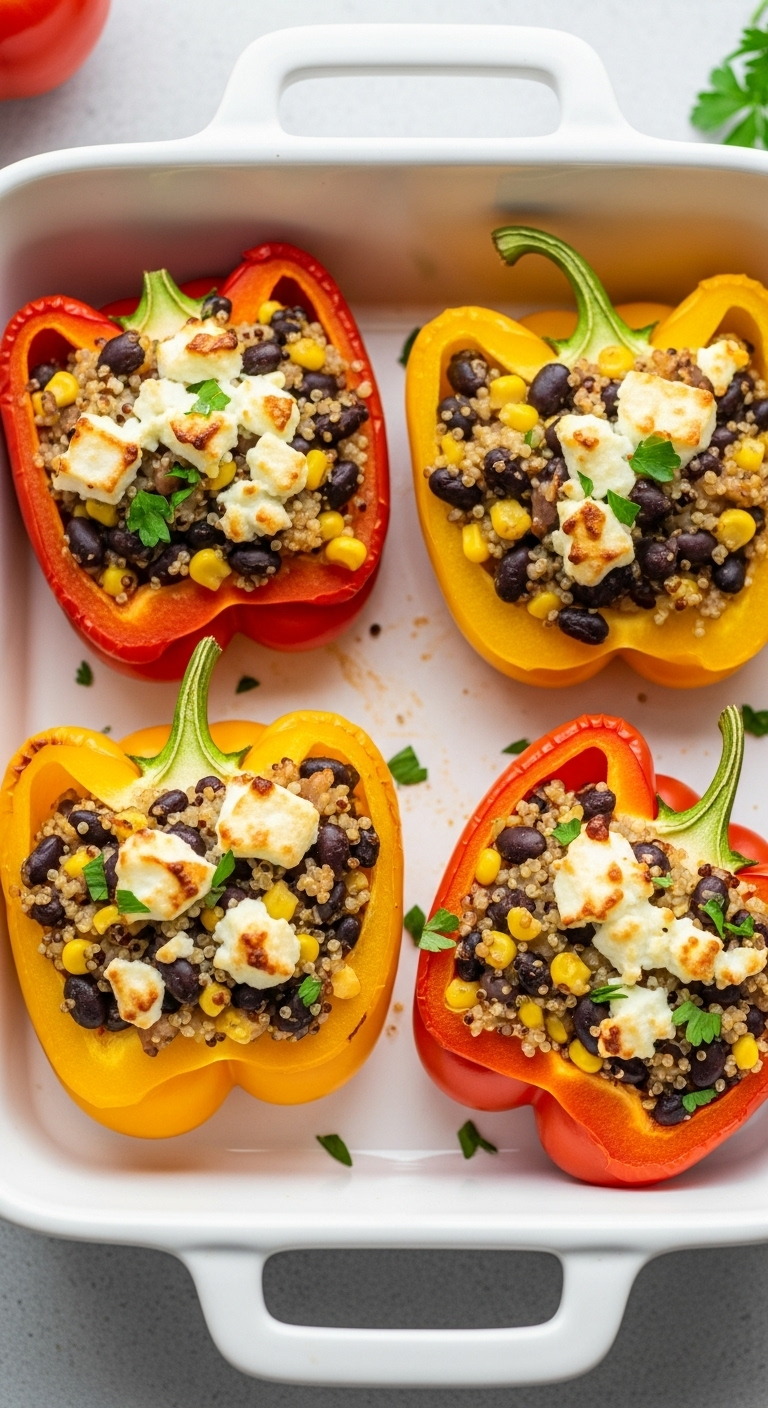 Vibrant stuffed bell peppers with black beans, yellow corn, and quinoa, topped with browned feta and fresh parsley, fresh out of the oven in a white ceramic baking dish, captured in bright, cheerful lighting.