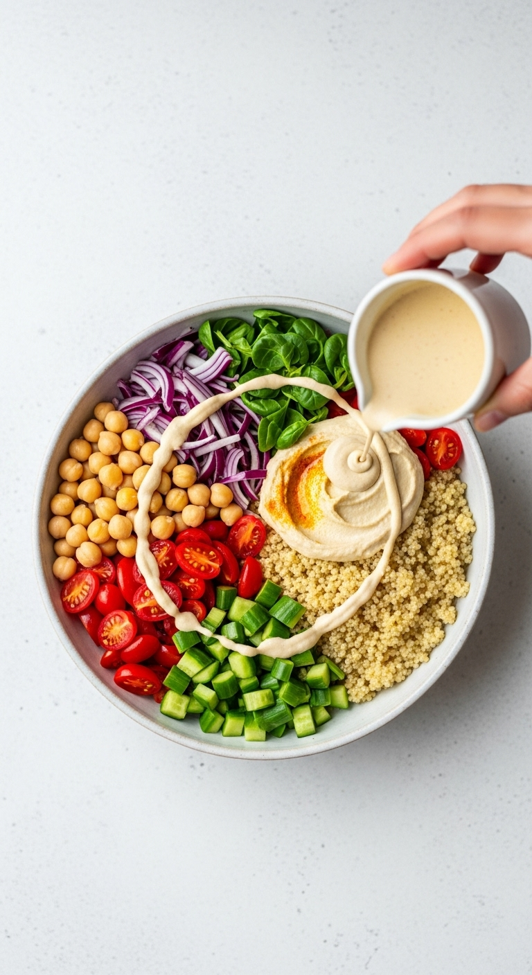 Chickpea and quinoa power bowl with vibrant vegetables, topped with a creamy hummus dressing drizzled from a small pitcher, captured in a clean, bright top-down shot.