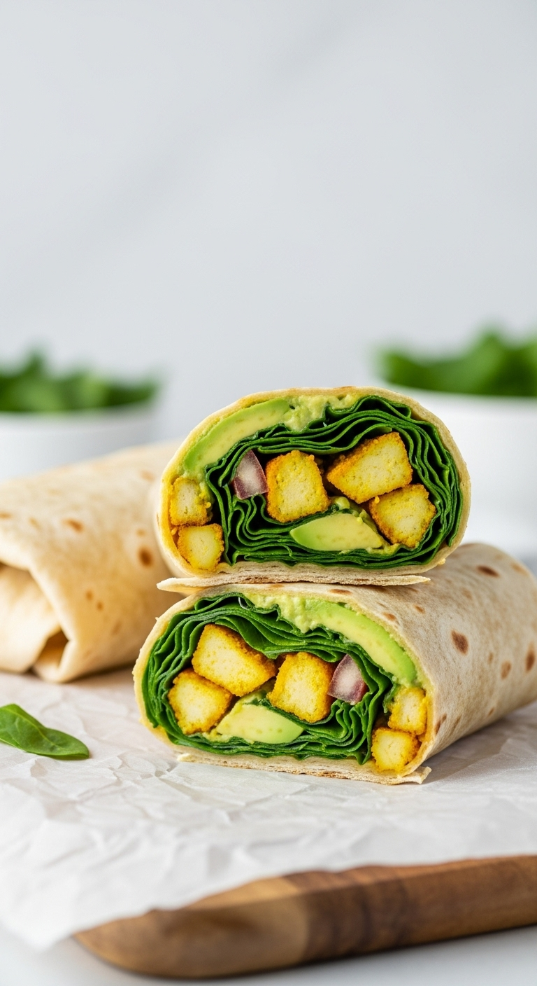 Turmeric chicken and avocado wraps with spinach, wrapped in a warm tortilla, artfully arranged on parchment paper with one wrap sliced to showcase the colorful filling, captured in bright, fresh lighting.