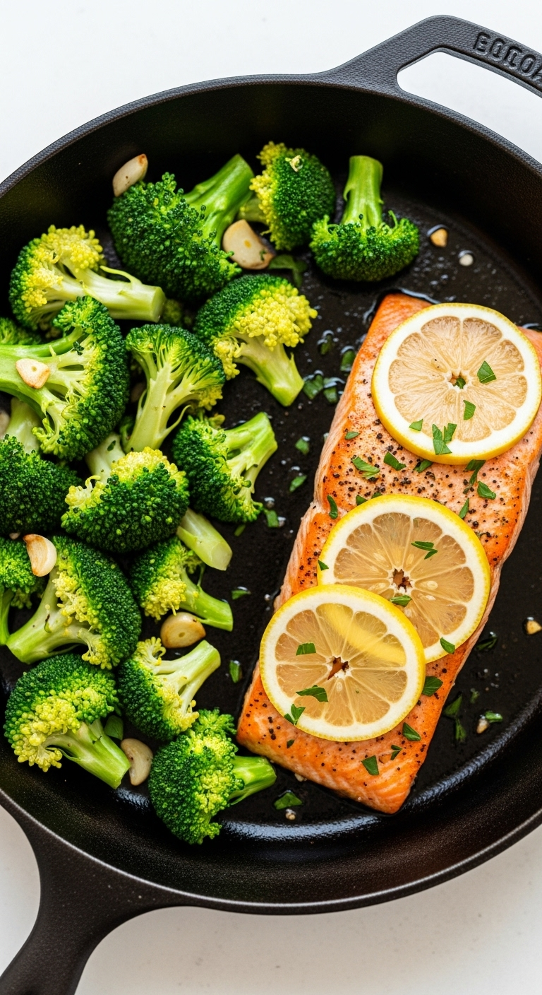 One-skillet garlicky salmon and broccoli with lemon slices, fresh herbs, and vibrant colors in a dark cast-iron skillet, highlighting a fresh, healthy, and appetizing Mediterranean dish.