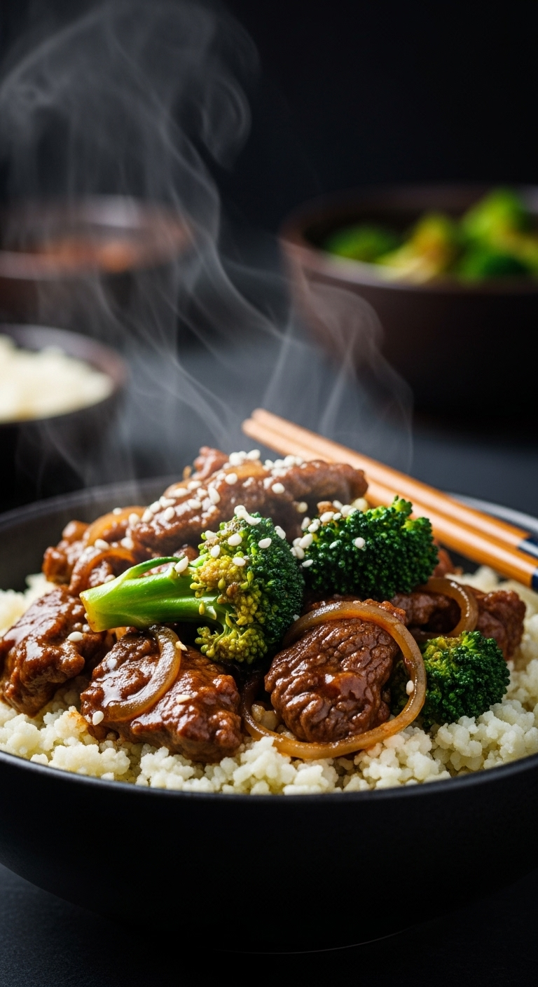 Keto beef and broccoli stir-fry with glossy sauce, served over fluffy cauliflower rice, with chopsticks on the side, warm and savory, perfect for a keto lunch.
