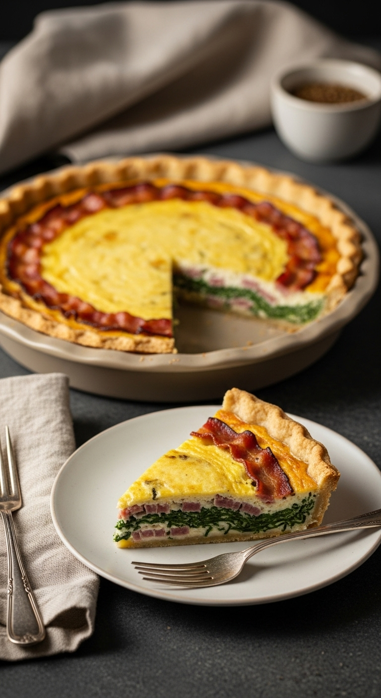 Crustless quiche with spinach and bacon, golden-baked and served with a slice on a plate, cozy and inviting, perfect for a keto lunch.