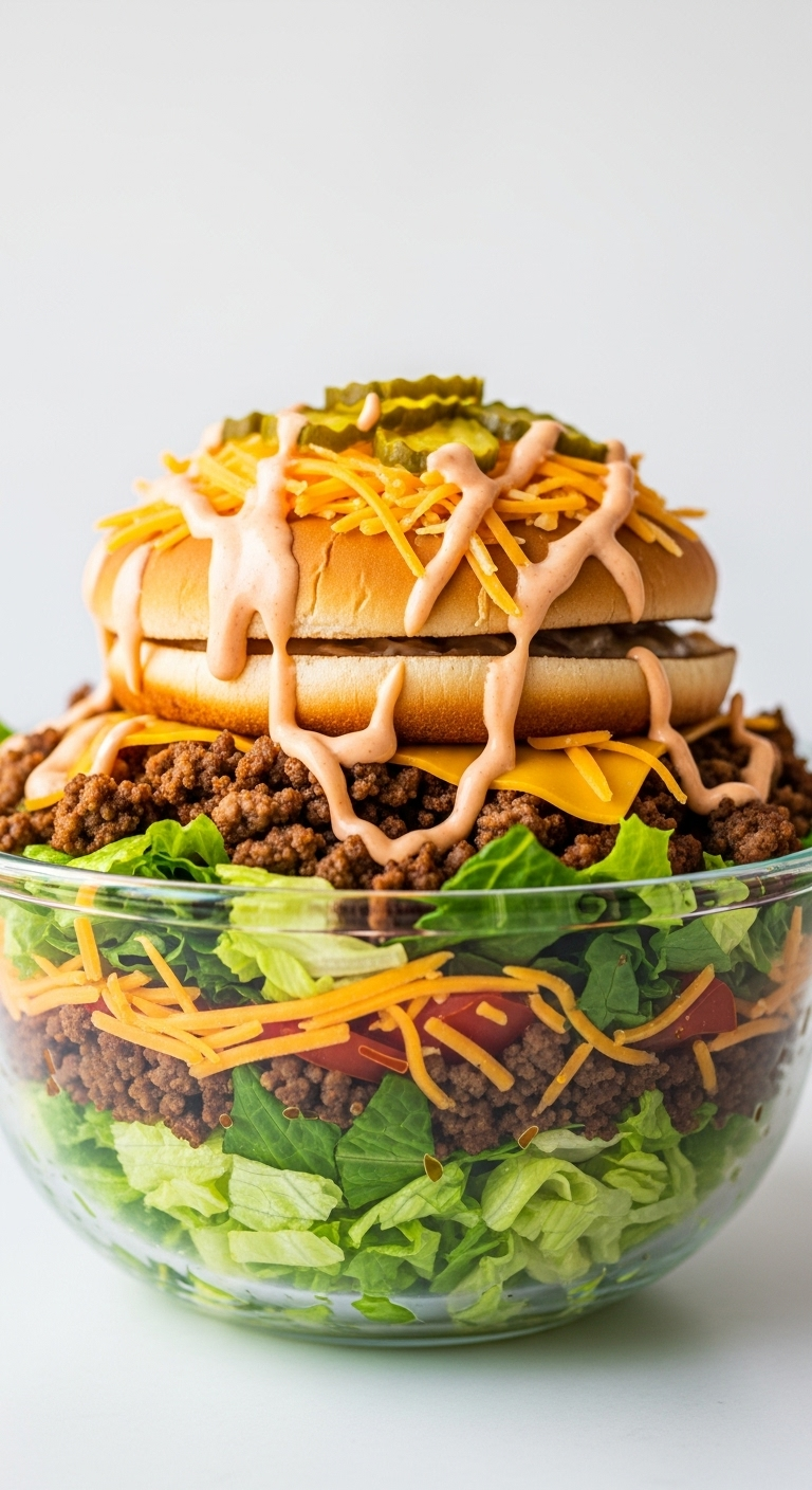 Big Mac salad with layers of crisp lettuce, seasoned ground beef, shredded cheddar, pink sauce, and pickles, vibrant and satisfying, perfect for a keto lunch.