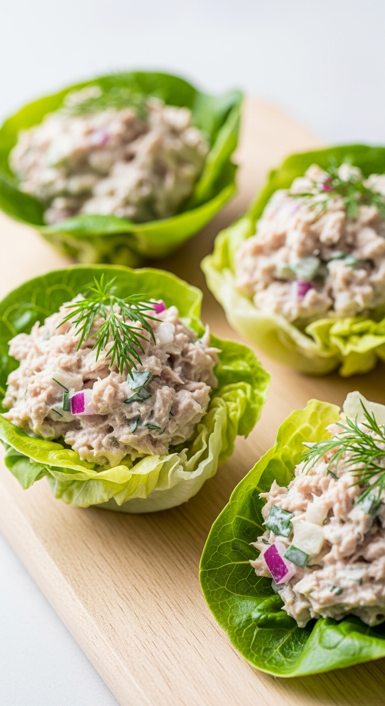 Lettuce cups filled with creamy tuna salad, garnished with fresh dill, vibrant and healthy, perfect for a keto lunch.