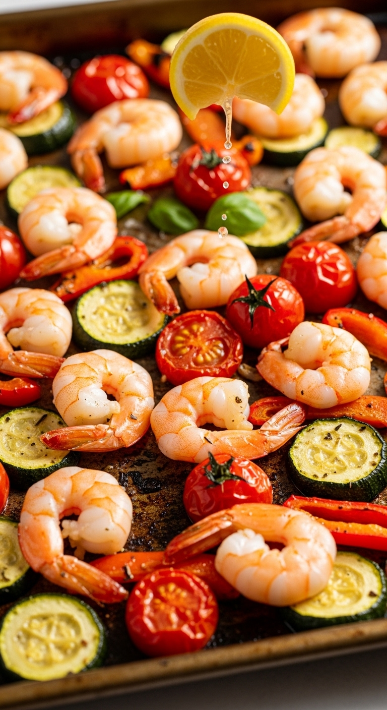 Roasted shrimp and colorful vegetables, including zucchini, red peppers, and tomatoes, with a squeeze of lemon, vibrant and appetizing, perfect for a keto lunch.