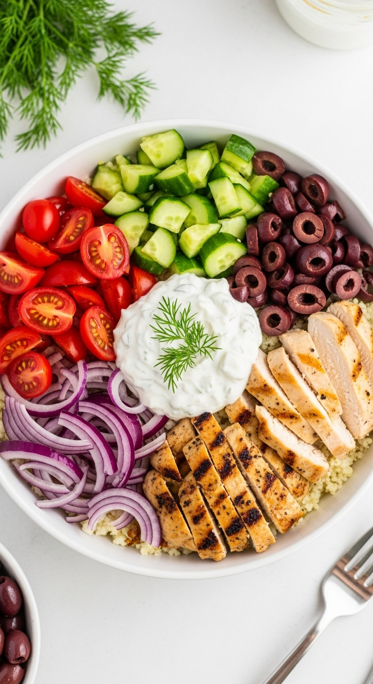 Deconstructed Greek chicken salad with cauliflower rice, grilled chicken, tomatoes, cucumber, olives, and tzatziki, fresh and vibrant, perfect for a keto lunch.