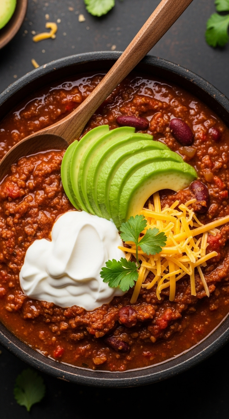 Hearty no-bean keto chili topped with sour cream, avocado slices, and shredded cheddar cheese, warm and comforting, perfect for a keto lunch.