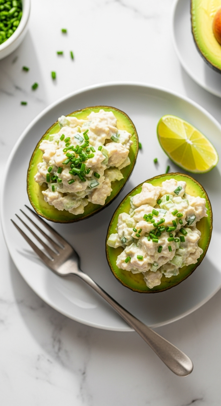 Avocados filled with creamy chicken salad, garnished with chives and served with a lime wedge, fresh and vibrant, perfect for a keto lunch.