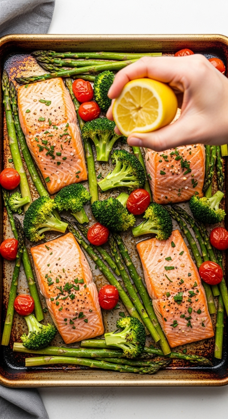 "Overhead shot of a rustic sheet pan with perfectly cooked salmon