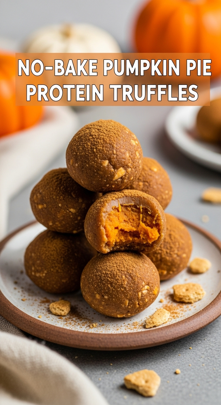 No-bake pumpkin pie protein truffles on a rustic ceramic plate, with one truffle bitten to reveal the orange pumpkin interior, dusted with cinnamon and crushed graham crackers, captured in soft, warm lighting.