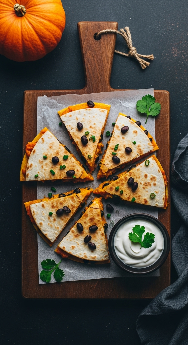 Pumpkin and black bean quesadilla cut into wedges, showcasing the vibrant orange filling, with a small bowl of sour cream and cilantro, captured in warm, rustic lighting on a wooden cutting board.