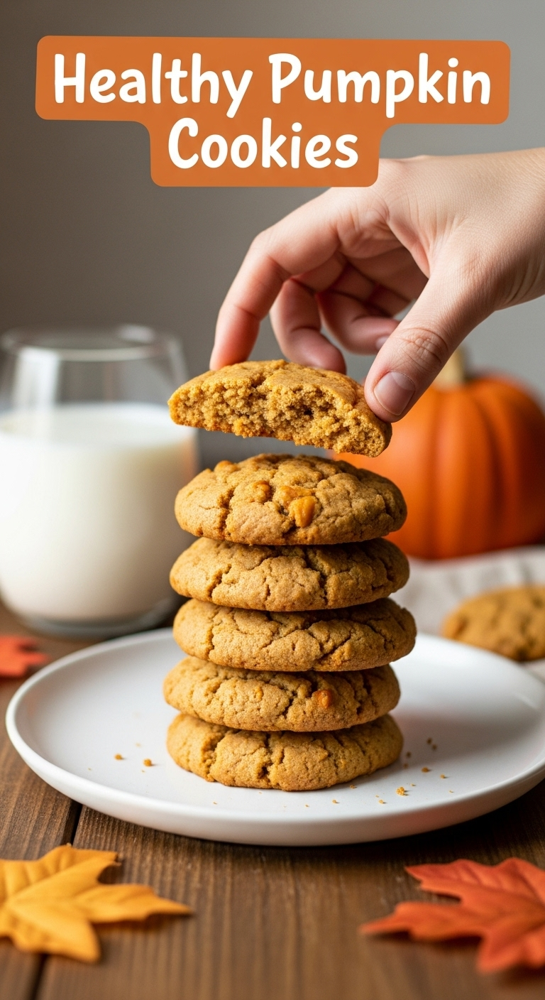 Stack of healthy pumpkin cookies on a white ceramic plate, with a hand reaching for the top cookie, a glass of milk in the background, and fall leaves scattered on a wooden table, captured in soft, warm afternoon light.