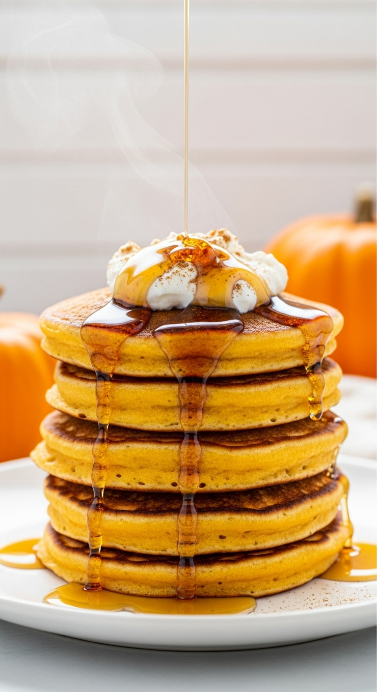 Tall stack of pumpkin protein pancakes drizzled with maple syrup, topped with Greek yogurt and a sprinkle of cinnamon, with steam rising, captured in bright, cheerful morning light.