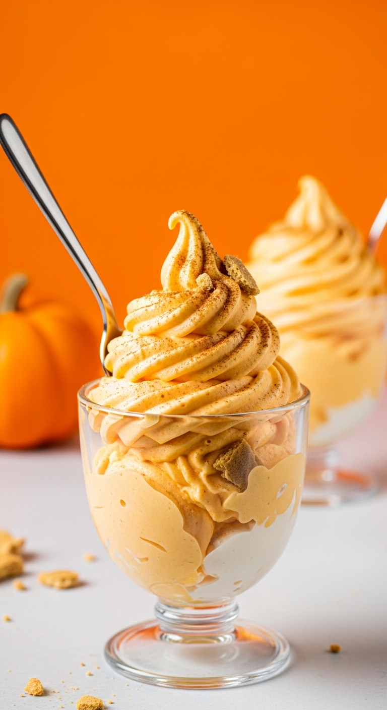 Glass dessert cup filled with thick, swirled pumpkin pie ice cream, topped with cinnamon and crushed graham crackers, with a spoon stuck upright, captured in bright, vibrant lighting.