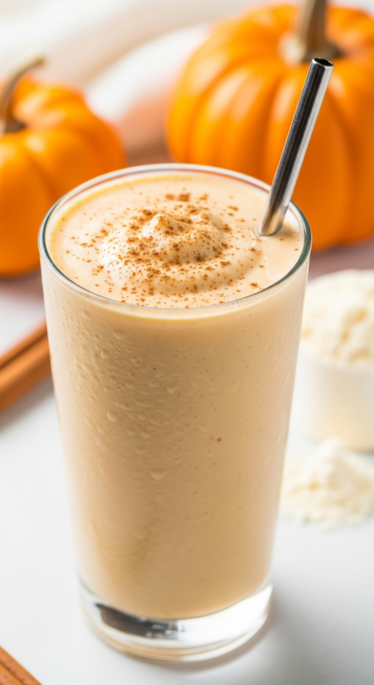 Tall glass of thick, creamy pumpkin protein smoothie topped with cinnamon, a reusable straw, and condensation, with a small pumpkin and scoop of vanilla protein powder blurred in the background, captured in bright morning light.