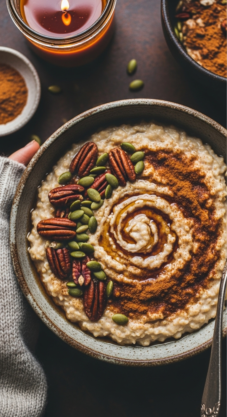 Rustic ceramic bowl filled with creamy pumpkin oatmeal, topped with maple syrup, pumpkin pie spice, toasted pecans, and pumpkin seeds, with a cozy sweater sleeve visible at the edge, captured in warm, soft light.