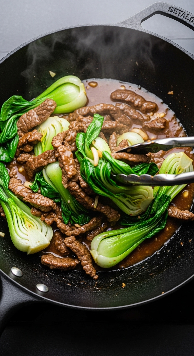One-pan beef stir-fry with baby bok choy and ginger in a cast-iron wok, captured mid-toss with glistening sauce and rising steam, showcasing a vibrant high-protein, low-carb meal.